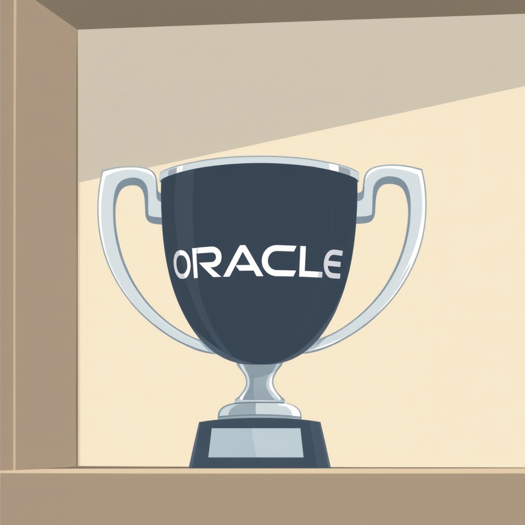 A trophy with the Oracle logo is displayed prominently on a shelf.
